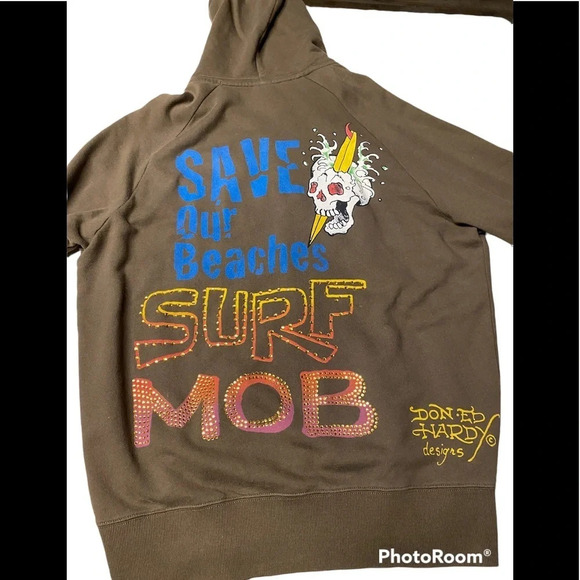 Christian Audigier Ed Hardy Save Our Beaches Surf Mob Zip Hoodie Sz XL - Picture 3 of 6